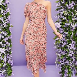 SHEIN One Shoulder Ruched Ruffle Hem Floral Dress
